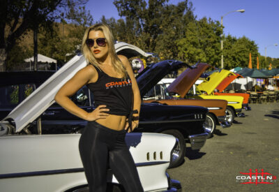 Calabasas Pumpkin Festival Model Posing with Classic Chevy Club Display Cars